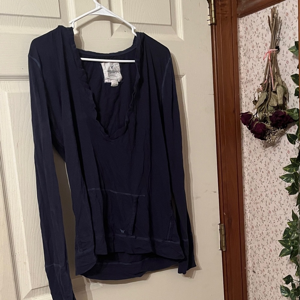 Y2K American Eagle Outfitters Deep Blue V-Neck Lightweight Hoodie